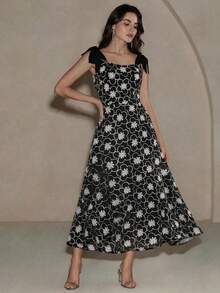 Anewsta Women's Elegant Sexy Floral Pattern Mid-Length Dress, Summer Golf White - Black - View 2
