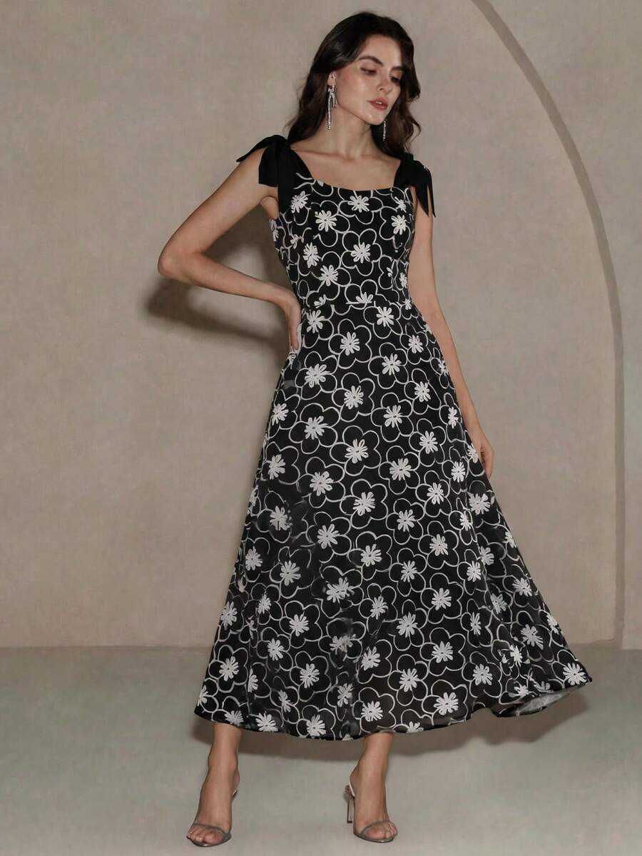 Anewsta Women's Elegant Sexy Floral Pattern Mid-Length Dress, Summer Golf White