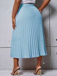 SHEIN Clasi Rok Kasual Lipit Pinggang Tinggi Warna Polos untuk Wanita Ukuran Plus (Musim Gugur) - Biru - View 2