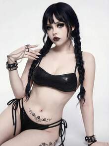 ROMWE Goth Conjunto de bikini sexy de mujer con tirantes finos de unicolor - Negro - Ver 4