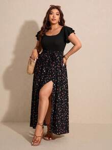Elaquor Plus Size Women's Patchwork Ditsy Floral Square Collar Ruffle Sleeve Side Slit Hem Elegant Dress - Black - View 5