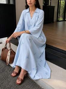 Solavon Vacation Embroidered Collar Metal Button Decor Women's Dress Garden Party Light Blue Autumn French Style - Blue - View 4