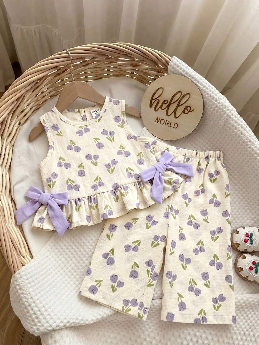 Bộ 2 món cho bé gái, màu tím nhạt dễ thương, áo không tay có nơ và quần short cạp chun. - Màu tím hoa cà - Xem 1