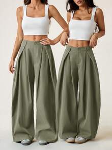 SHEIN PETITE Quần dài nữ mùa hè kiểu vintage năng động, phong cách đường phố, dáng rộng, màu xanh quân đội, ống loe, gấu quần cong. - Màu xanh Bạc hà - Xem 2