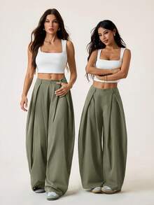 SHEIN PETITE Quần dài nữ mùa hè kiểu vintage năng động, phong cách đường phố, dáng rộng, màu xanh quân đội, ống loe, gấu quần cong. - Màu xanh Bạc hà - Xem 8