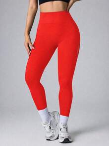 SHEIN Sports 无缝高弹力运动瑜伽健身紧身裤，带网眼拼接 - 紅色 - 查看 5