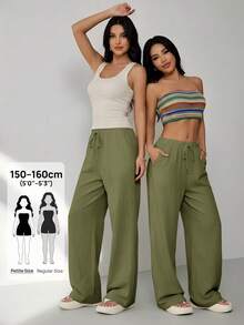 SHEIN PETITE 女款素色休閒長褲，小碼女款 - 軍綠色 - 查看 6