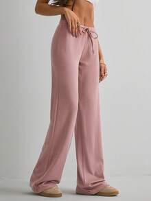 Women's Casual Solid Color Long Straight Leg Pants With Medium Stretch - Rusty Rose - View 5