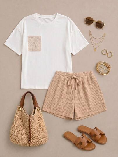 Elaquor Plus Size Summer New 2 Pieces Set: T-Shirt And Shorts Casual Outfits For Women Summer Coords For Women Summer Outfit Short Outfits For Women Summer Outfits For Women Midsize Summer Outfits