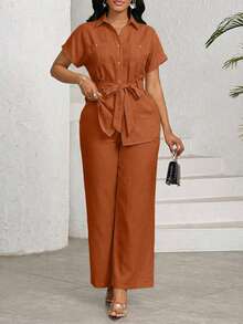 SHEIN Lady Women's Orange Solid Brown Short Sleeve Collared Button Front Blouse And Wide Leg Pant Set With Tie Waist - Orange - View 5