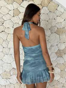 Aloruh Women's Ruched Halter Backless Cute Mini Dress Vacation Light Blue Summer - Blue - View 2