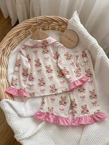Baby Girls' Casual Bear & Bow Print Long Sleeve Pajama Set - Pink - View 2