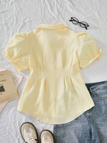SHEIN Casuvi Kids 一件少女款梭织纹理亚麻质感衬衫，短袖休闲上衣，纽扣前襟，灯笼袖，蝴蝶结收腰，A字版型，适合夏季通勤、度假和休闲穿着 - 黃色 - 查看 2