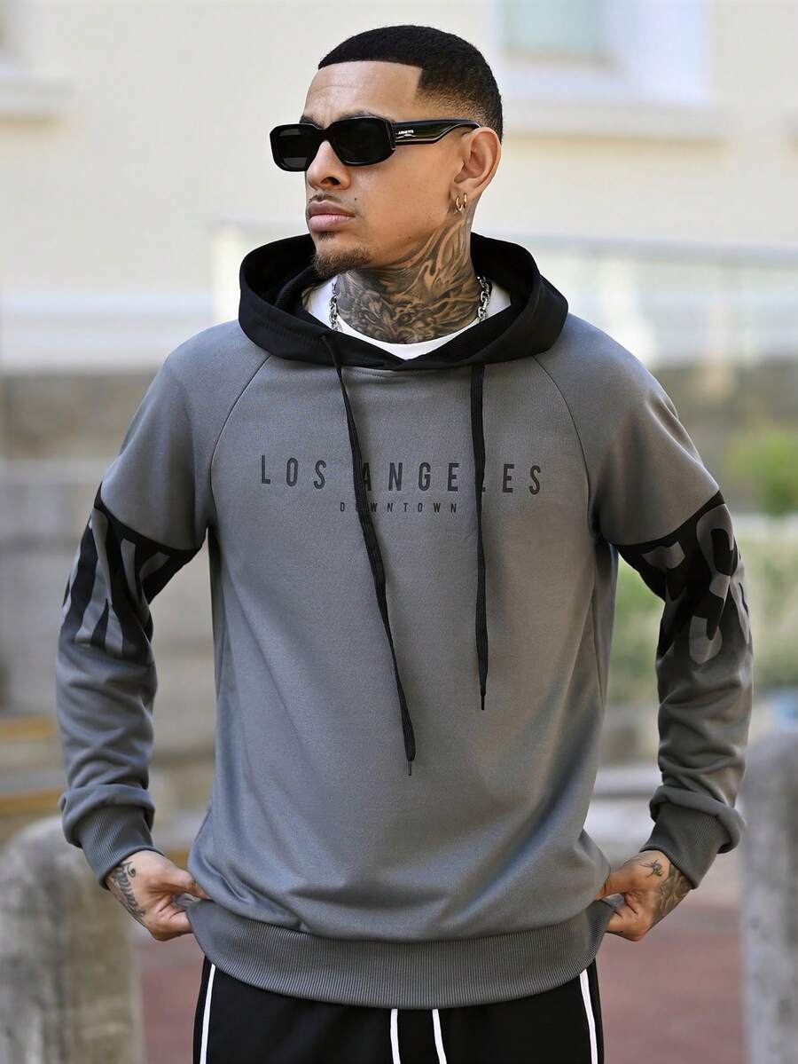 Devon Thys Men's Fashion Colorblock Hooded Sweatshirt, For Fall, Long Sleeve Top - Dark Grey - View 1