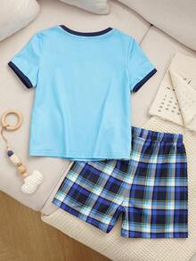SCOOBY-DOO X SHEIN Young Boy Cartoon Print Contrast Trim Short Sleeve T-Shirt And Plaid Shorts Pajama Set, Summer - Blue - View 2