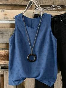 Linhara Plus Size Solid Color Round Neck Sleeveless Casual Shirt For Summer - Blue - View 1