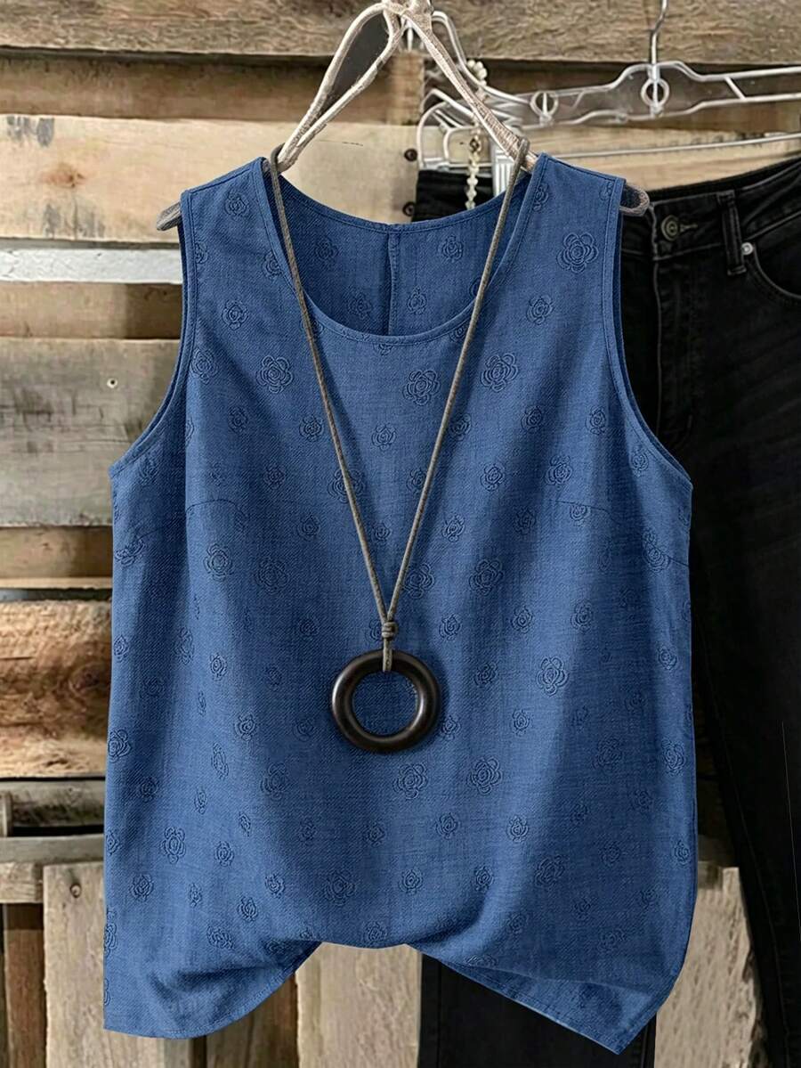 Linhara Plus Size Solid Color Round Neck Sleeveless Casual Shirt For Summer - Blue - View 1