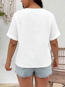 SHEIN Plus Size Women's Solid Color V-Neck Short Sleeve Button Design Casual Shirt - White - View 2