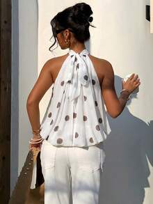 Aloruh Women's Polka Dot Print Halter Elegant Sleeveless Top, Spring/Summer,Summer Top - White - View 2