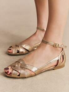 Rosivie Giày sandal nữ đế bằng dệt rỗng màu sâm panh ánh kim, có khóa cài, đế mềm chống trơn trượt, kiểu dáng La Mã cổ điển với chất liệu da màu vàng, thích hợp đi làm hàng ngày, đi nghỉ mát hoặc đi biển. - Rượu sâm banh - Xem 8