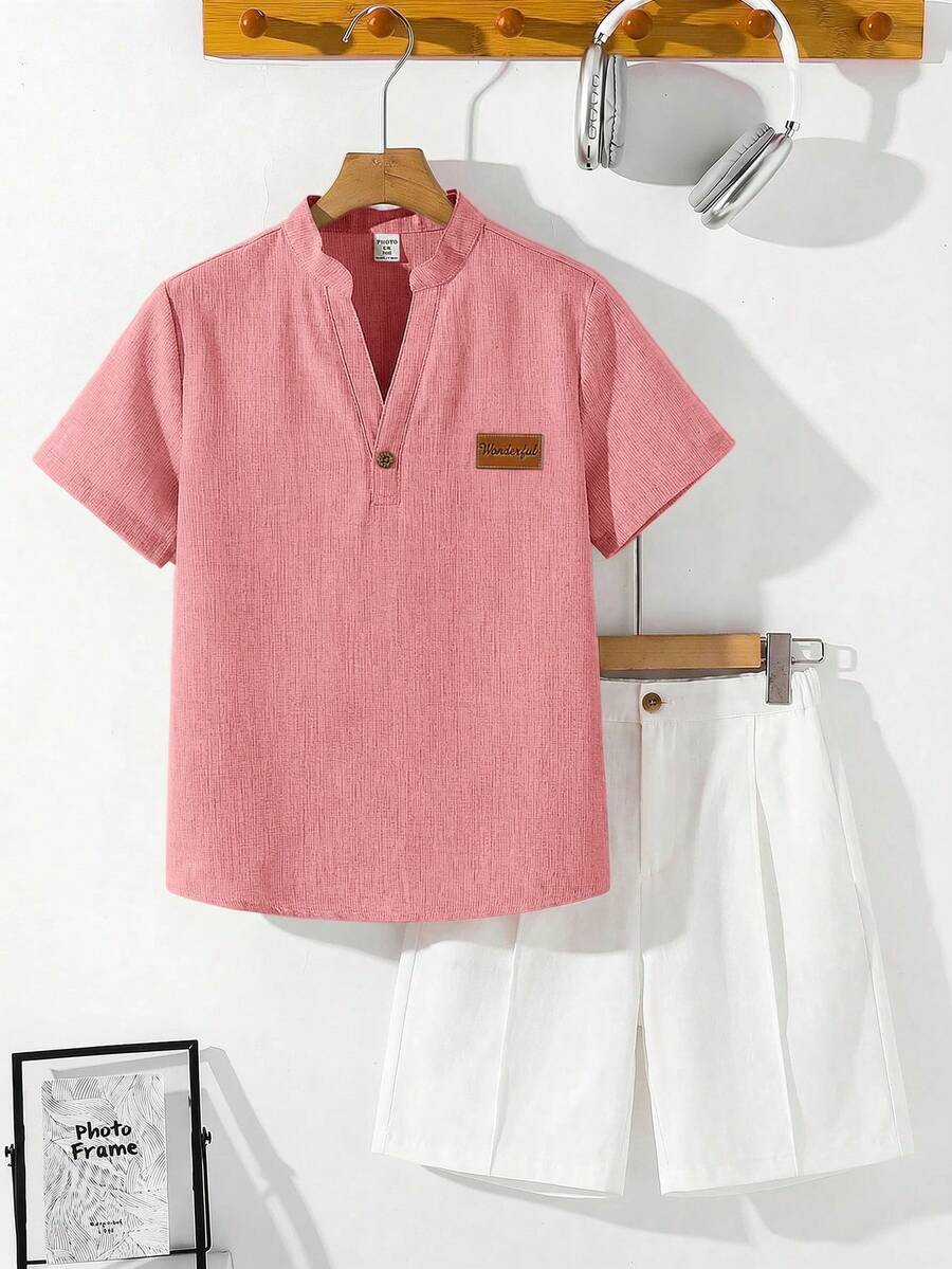SHEIN 男童休闲短袖V领衬衫和短裤套装 - 淺粉色 - 查看 1