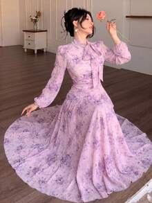 Modelyn 女士蓝色系带领褶皱腰身连衣裙，适合春秋季户外穿着 - 紫色 - 查看 5