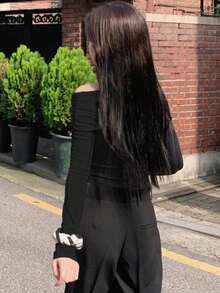 DAZY Women's Plain Off-Shoulder T-Shirt Long Sleeve Women Tops - Black - View 2