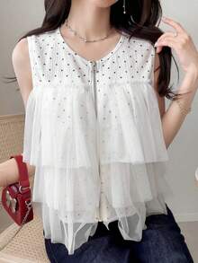 FRIFUL Áo nữ thời trang in chấm bi, phối lưới, khóa kéo phía trước - trắng - Xem 6
