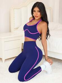 SHEIN Sports 女士休闲运动露背吊带背心和高腰紧身裤套装 - 粉色 - 查看 10