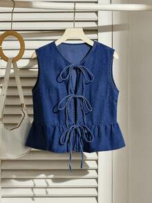 SHEIN EZwear 大码夏季休闲系带荷叶边下摆无袖牛仔上衣 - 藍色 - 查看 1