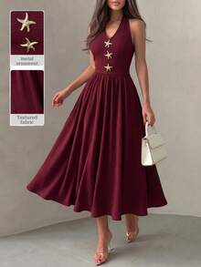 Modelyn Women's Burgundy Summer Halter Midi Dress,Elegant 1960s Vintage 70s Retro Holiday Party Dress,Starfish Metal Buckle A-Line Textured Crinkle Skirt - Burgundy - View 2
