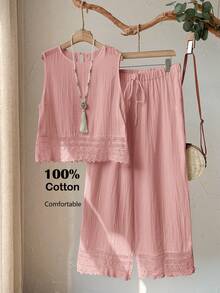 Rusticease Plus Size Women's Casual Vacation Pink Lace Patchwork Sleeveless Top And Pants 2 Piece Set, Summer Vacation - Pink - View 8