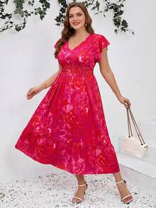 SHEIN Clasi 大码女式碎花荷叶袖系带优雅连衣裙 - 玫紅色 - 查看 3