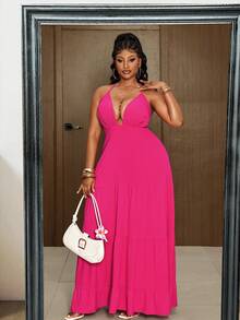 Maweii Vestido camisero de mujer de gran tamaño en color rojo rosa con escote en V, vestido de verano con capas tipo pastel, suelto y de color brillante, con sensación de alta gama, estilo blanco estilizante para vacaciones, con ajuste de tirantes largos en la espalda, vestido largo calado para la playa - Rosa Fucsia - Ver 4