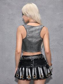 ROMWE Women's Y2K Sexy Crop Top, Metallic Fabric, Suitable For Music Festivals - Silver - View 2