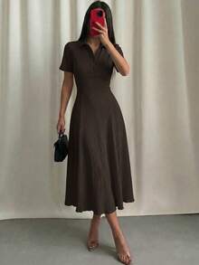 Modelyn Women's Solid Color Knit Mid-Length Dress Coffee Brown Polo Collar Textured Midi Dress Textured Crinkle Fabric Two-Way Stretch Spandex Summer Dress - Khaki - View 7