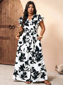 EMERY ROSE Black And White,Summer,Boho,Elegant,Vacation,Holiday Plus Size & Tall Floral Maxi Dress,Shirred Ruffle Short Sleeve Elastic Waist Casual Commute - Multicolor - View 4