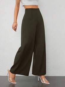 SHEIN PETITE 女款簡約休閒時尚返校季老錢風通勤高腰紋理寬腿長褲，適合嬌小女性 - 0.霧綠 - 查看 3