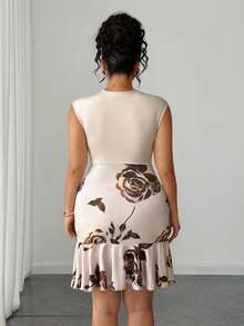 Elenzga Gaun Mini Bodycon Tanpa Lengan Motif Mawar Rajut Satin dengan Dekorasi Gesper Berlian Elegan untuk Wanita Ukuran Plus, Musim Semi/Panas - Aprikot - View 2