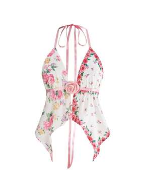 Fairycore Women's Retro Cottagecore Floral Print Ruffled Embroidered 3D Rose Decor Camisole