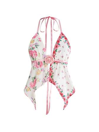 Fairycore Canotta da donna in stile retrò Cottagecore con stampa floreale, volant e ricamo decorativo a rose 3D