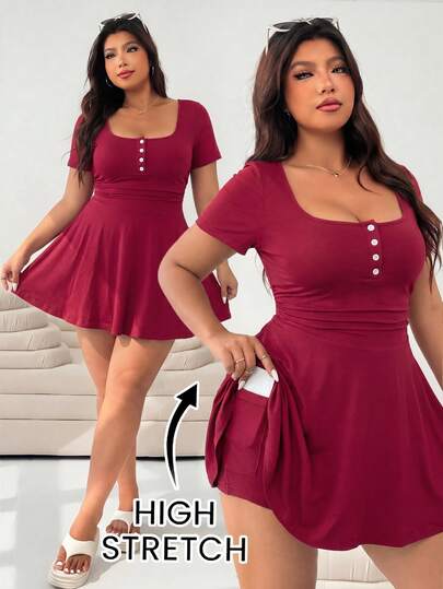 Solflare Plus Size Women Solid Color Button Half Placket Short Sleeve Pocket Jumpsuit