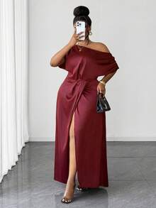 Maweii Vestido asimétrico de hombro dividido de alta gama y elegante para tallas grandes - Rojo - Ver 6