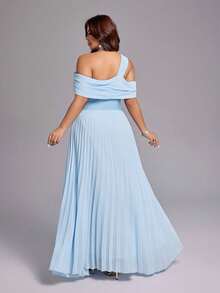 Viva Relle Plus Size Vestido Casual de Festa para Mulheres Cor Sólida Decote Assimétrico Plissado Vestido Azul Vestidos Elegantes para Festa Peplum - Azul - Visão 2