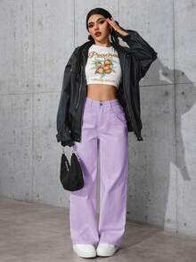SHEIN PETITE 女款時尚百搭口袋鈕扣直筒牛仔褲，適合嬌小女性 - 紫色 - 查看 4