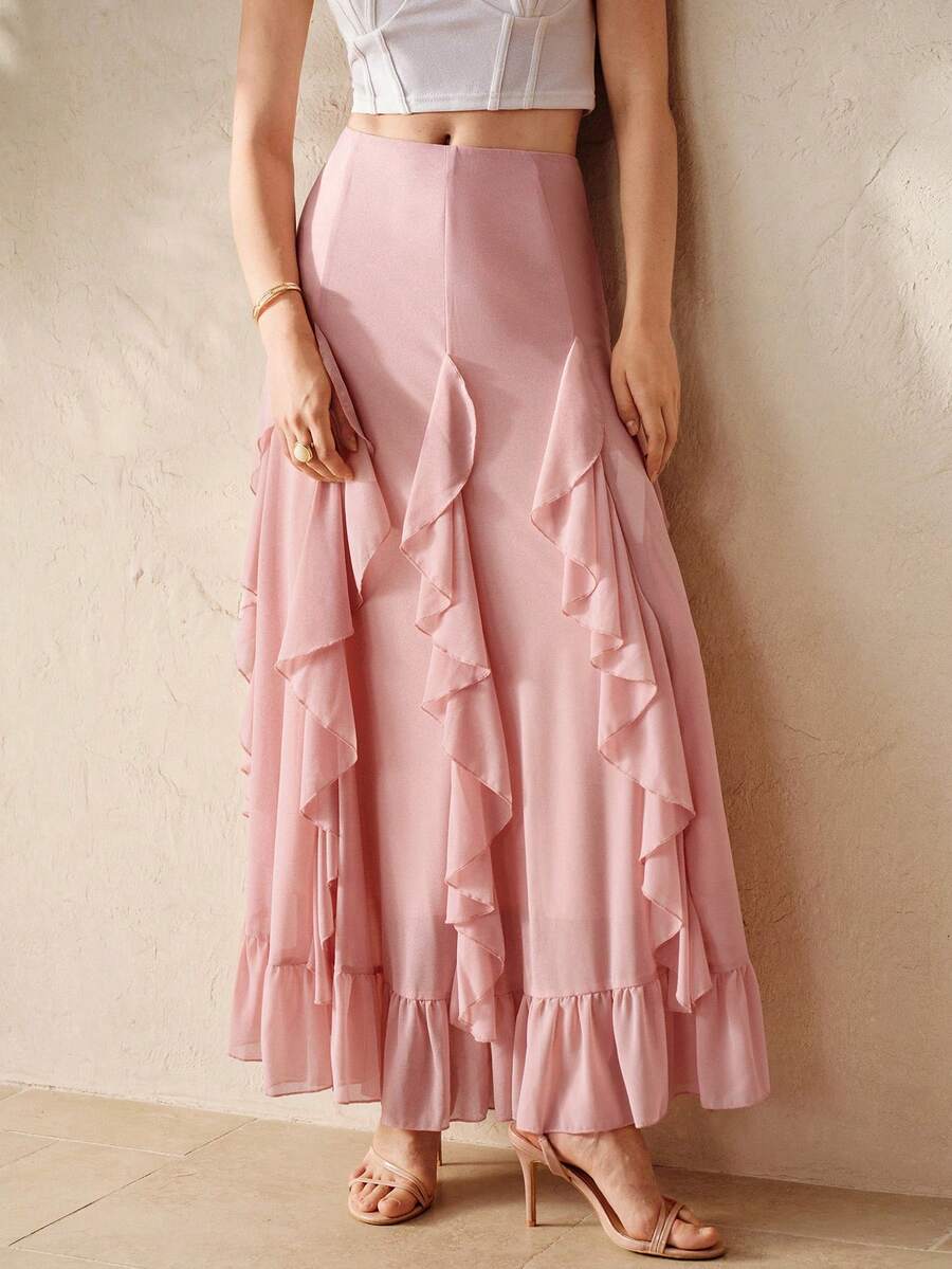 Aveloria Rosie Chân váy maxi nữ thanh lịch và duyên dáng kiểu Pháp cổ điển lãng mạn, màu hồng phấn, chất liệu chiffon, thiết kế xếp ly ở gấu váy. - Bụi hồng - Xem 1