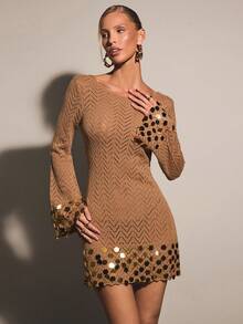 COSMINA Đầm mini móc len đính sequin tay chuông thanh lịch dành cho nữ, thích hợp cho mùa xuân/hè, đi biển, hẹn hò, ngày Valentine, tuần trăng mật, dã ngoại. - Màu Khaki - Xem 7
