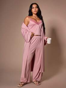 Lazeform 3pcs Plus Size Lace Patchwork Camisole, Pants And Robe Sleepwear Set, Suitable For All Seasons - Pink - View 4