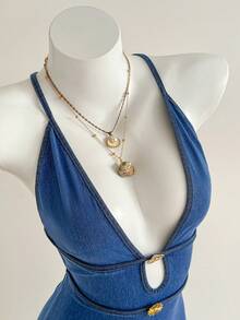 Mori Grove Mori Grove Women's Deep V-Neck Metal Decor Sexy Fishtail Hem Spaghetti Strap Denim Dress - Blue - View 3