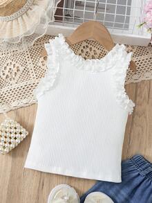 SHEIN Genkimix Kids Spring Summer Girls Toddler White Ribbed Ruffle Trim Camisole Fine Vertical Ribbed Fabric Layered Ruffle Trim Neckline Straps Gentle Sweet Girl Vibe - White - View 2